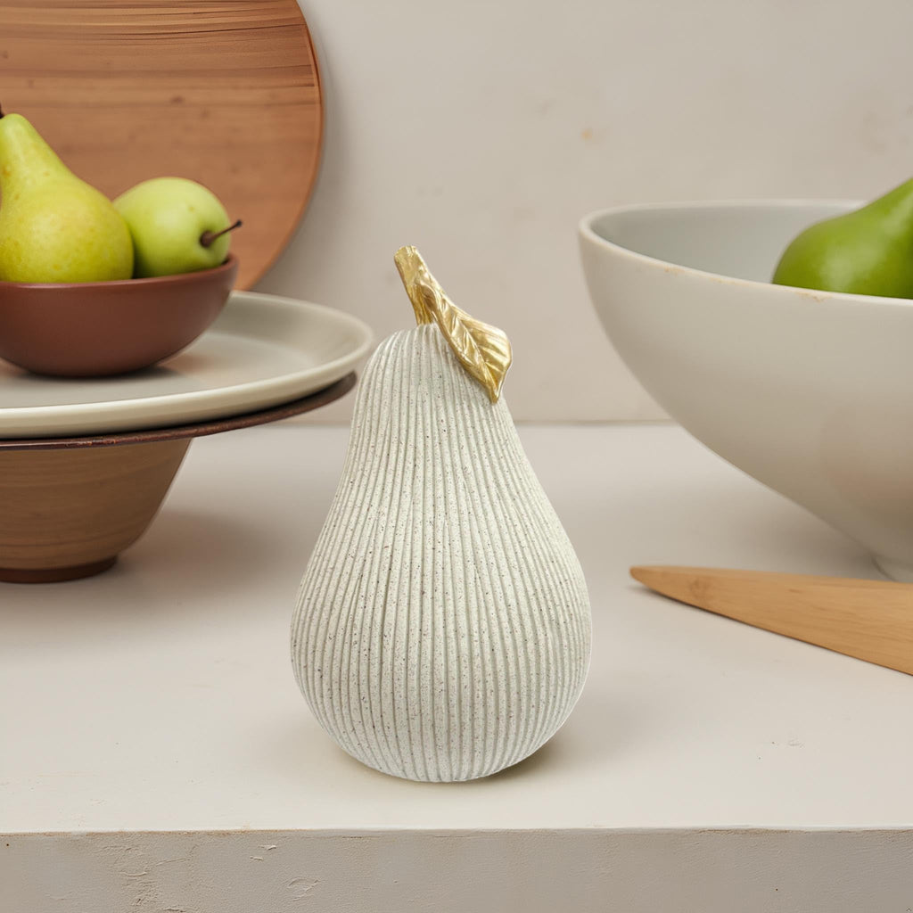 Gray-White Pear Figurine with Gold Leaf, Resin Pear Sculpture Decor, Minimalist Decorative Fruit Statue Counter