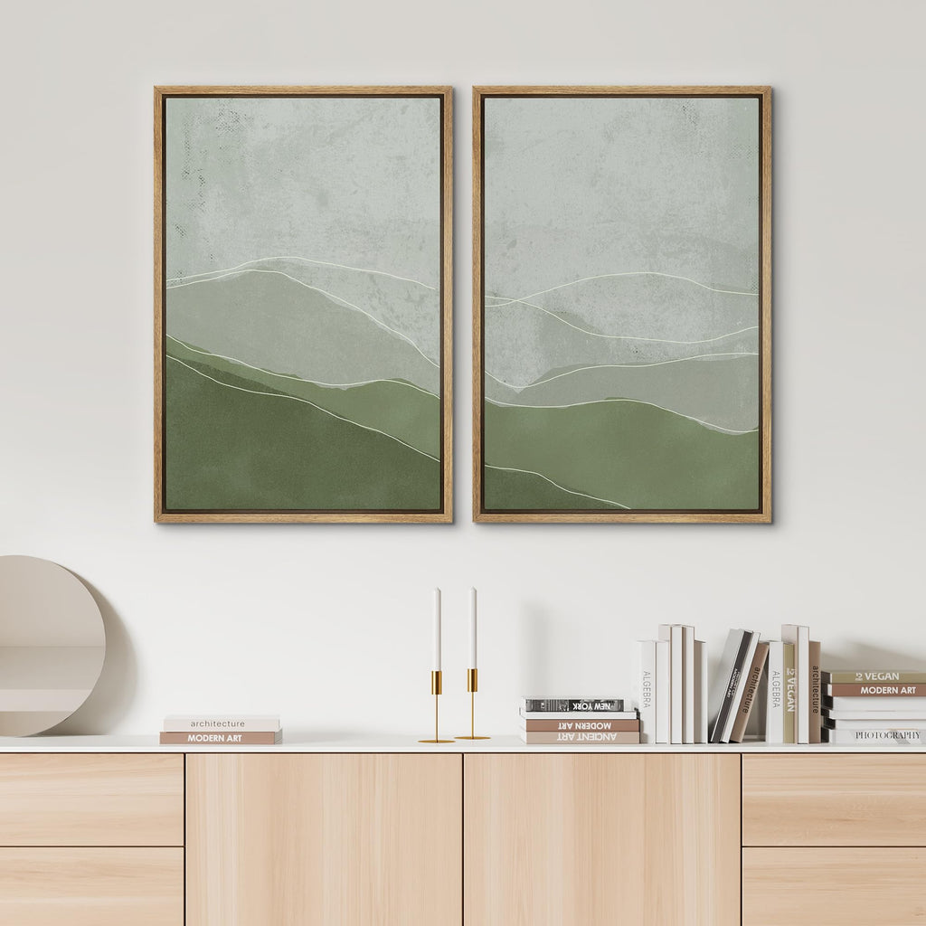 Framed Wall Art Print Set Faded Green & Gray Wave Landscape Abstract Shapes Illustrations Modern Art Bohemian