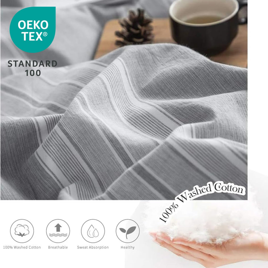 Striped Duvet Cover Set 3pcs 100% Washed Cotton Linen Like Textured with Bowknot Bow Ties Strap Reversible Breathable