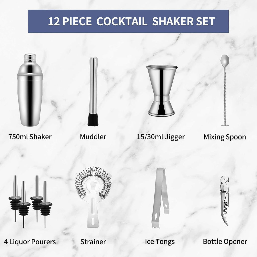 750-milliliter , 12-Piece Cocktail Bar Set, Bartender's Tool Set, Cocktail Shaker, with Bamboo Stand - Set of 12