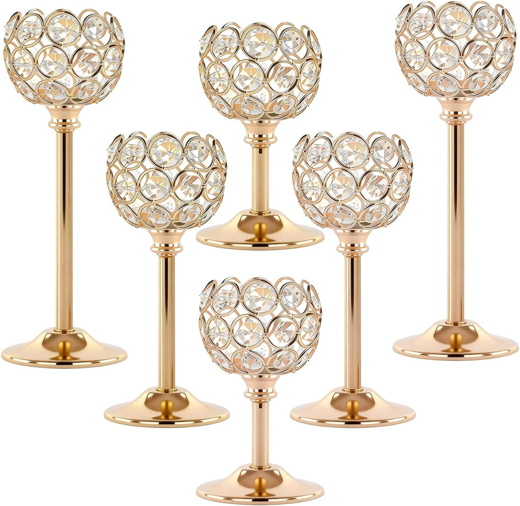 Crystal Candle Holders 2 Set of 6 - Gold Vintage Hollow Ball Candle Stand for Table Centerpiece, Crystal Metal
