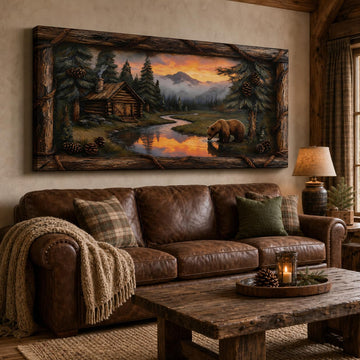 Extra Large Cabin Wall Art, Bear Lake Sunset Canvas Wall Decor with Faux Rustic Border, Mountain Lodge Wildlife