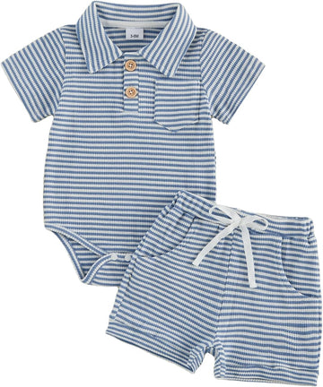 Newborn Baby Boy Summer Clothes Short Sleeve Top and Stripe Shorts Set 2 Piece Baby Boy Summer Waffle Outfit