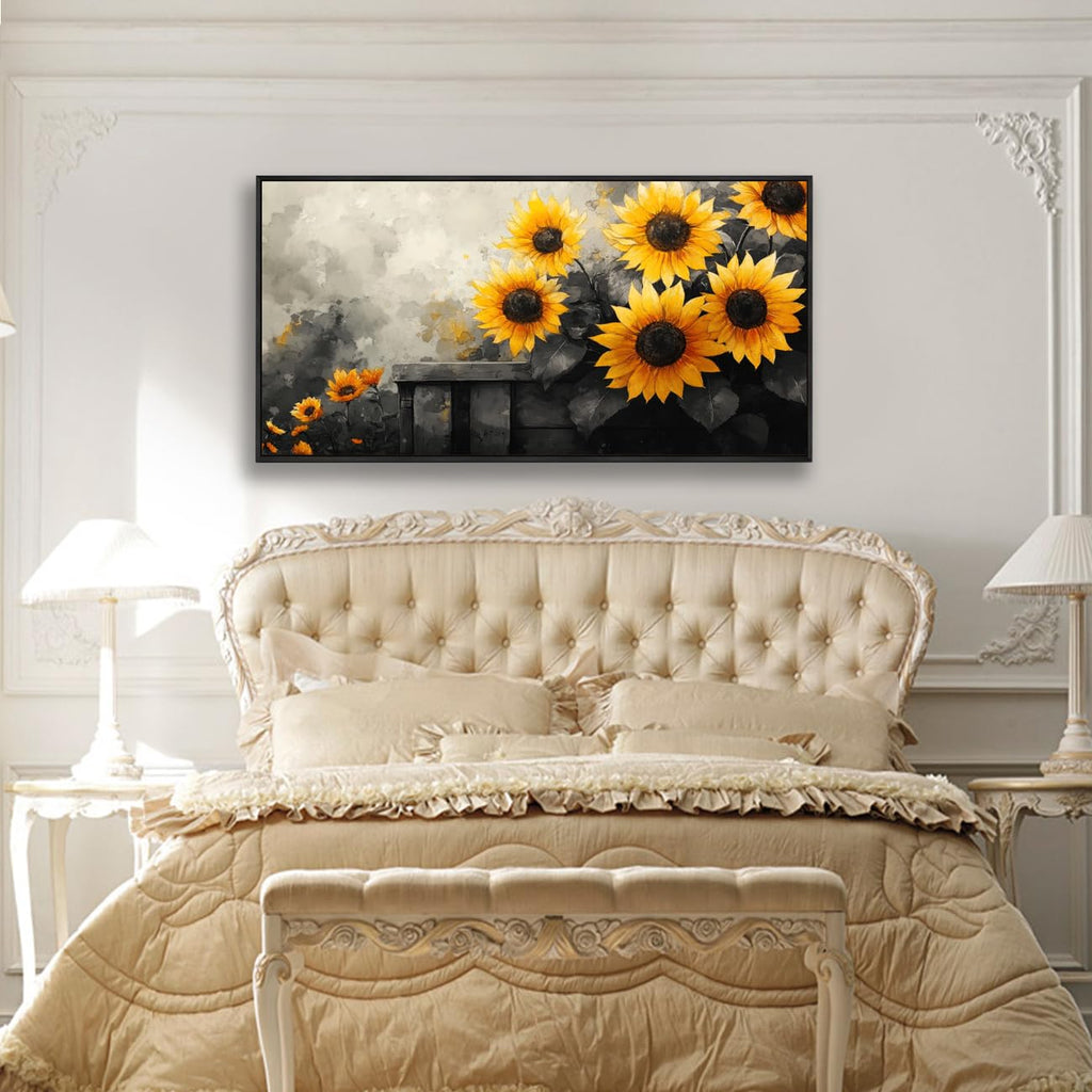 Sunflower Wall Art Canvas Painting, 20 x 40 inches, Black and Yellow Flower Canvas Prints Rustic Farmhouse Sunflower