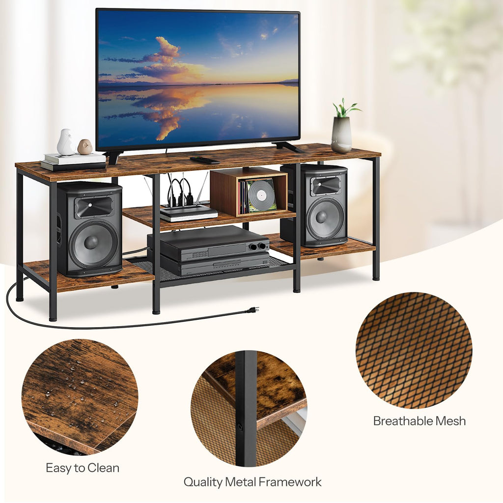 TV Stand with Power Outlets to 65 Inches, TV Console Table with Open Storage Shelves, Industrial Media Entertainment