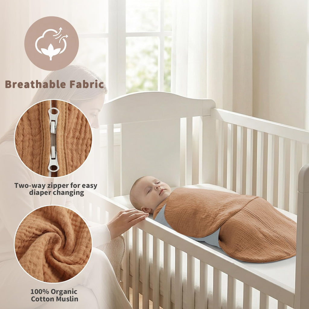 Sleep Sack Baby Swaddle,100% Muslin Cotton, Way Adjustable Wearable Blanket,Swaddling Sleeping Bag (2, Beige