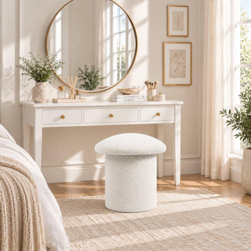 Mushroom Round Ottoman, Modern Small Boucle Footstool with Padded Seat, Upholstered Vanity Foot Rest Stool Chair