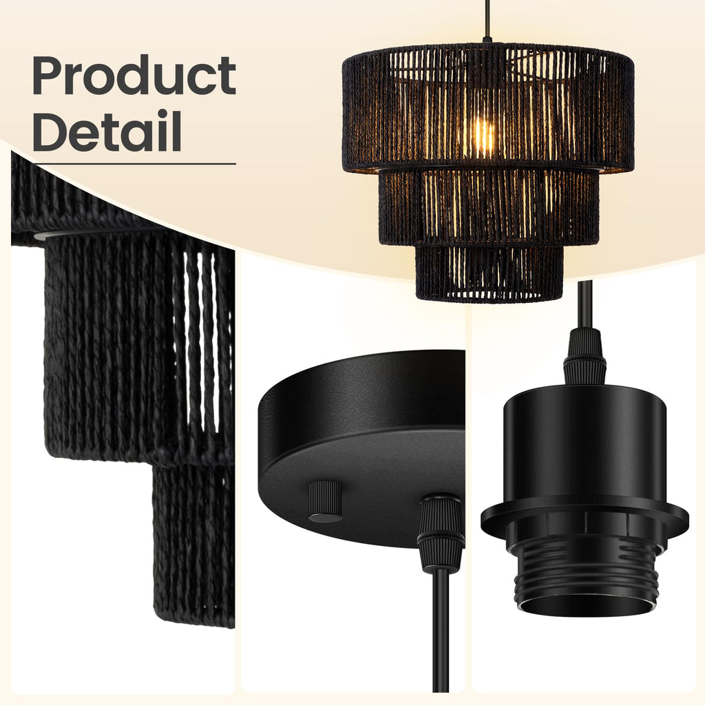 Boho Rattan Chandelier Light, 3-Tier Hand Woven Pendant Ceiling Light, 13" Farmhouse Coastal Wicker Chandelier Hanging