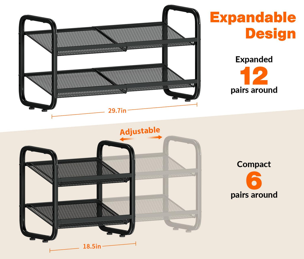 2 Tier Expandable Shoe Rack for Closet & Entryway, Metal Shoe Storage