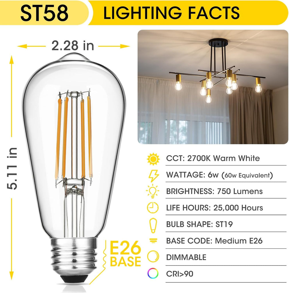 Vintage LED Edison Bulbs 6W, Equivalent 60W Incandescent, Warm White 2700K, ST58 Antique LED Filament Bulbs with 90+