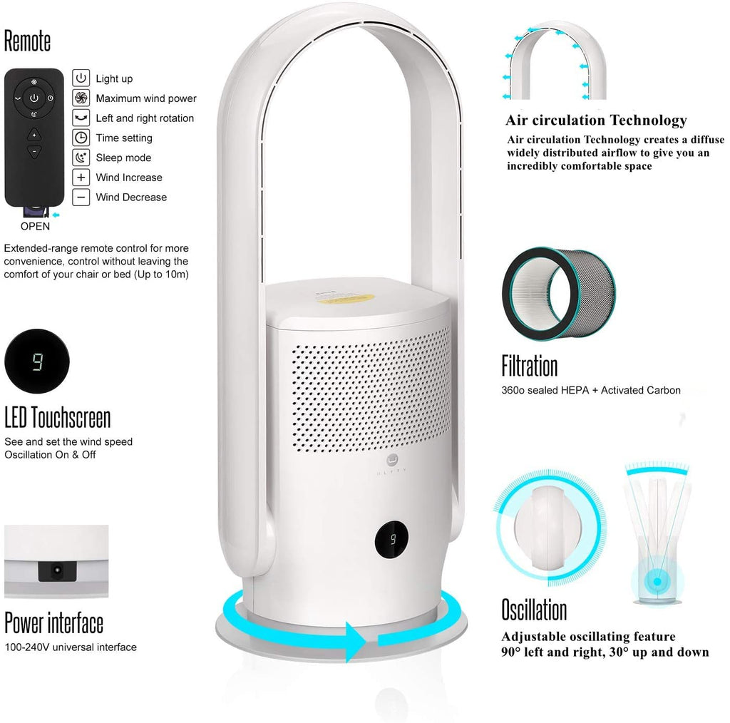 Bladeless Tower Fan and Air Purifier Combo, Quiet Oscillating Fan with Remote & Touch Control, 9 Speeds, 8H Timer