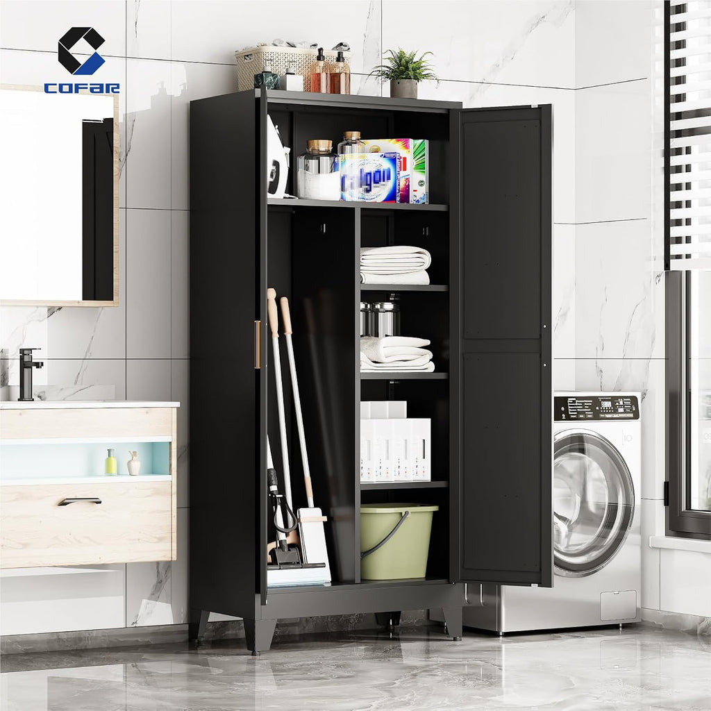 Wardrobe Closet with Doors, Metal Bedroom Armoire with Adjustable Hanging Rod and Shelves, Farmhouse Broom Closet