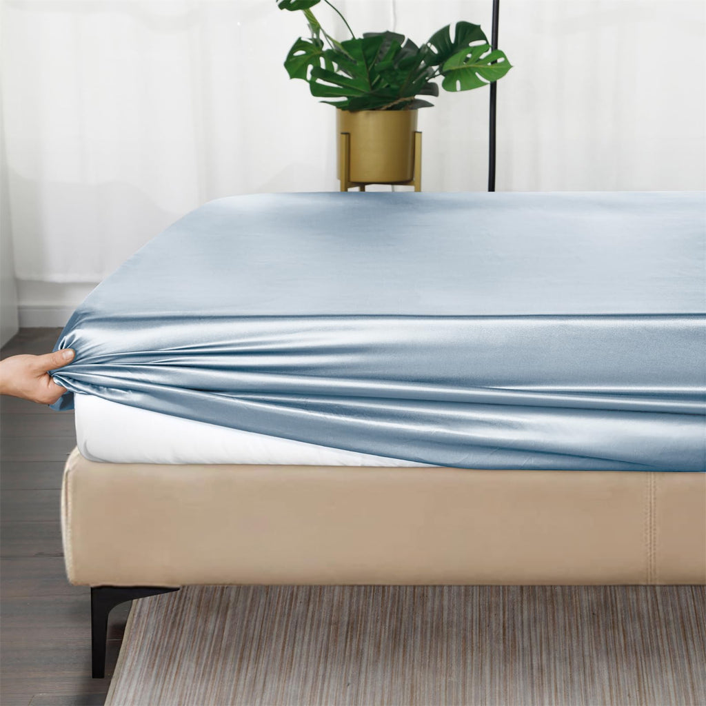 Silk Satin Fitted Sheet, Soft Deep Pocket Bottom Luxury Queen Fitted Sheet, Wrinkle Free, Breathable, Fade Resistant