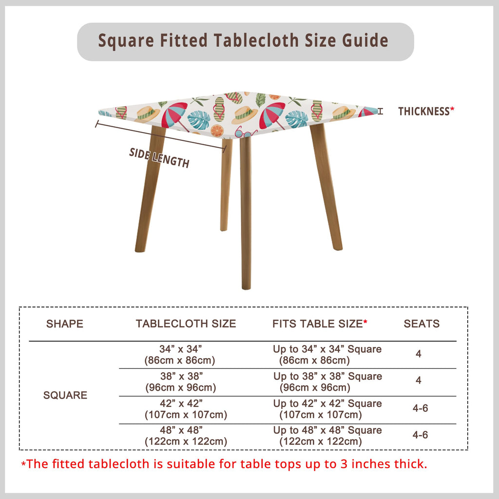 Summer Non Slip Wrinkle Free Fitted Small Square Tablecloth 34x34 Inch - Beach Umbrella and Flip-Flops Spandex Table
