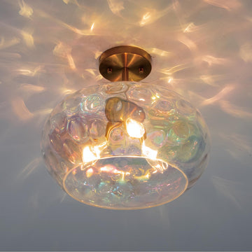 Brass Gold Semi Flush Mount Ceiling Fixture Large Hammered Glass Shade Modern Close to Ceiling Light 14" Art
