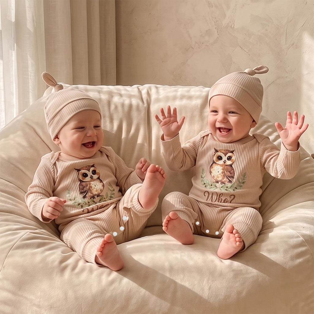 Newborn Baby Boy Girl Twins Matching Outfits Knit Romper Jumpsuit, Who, NB