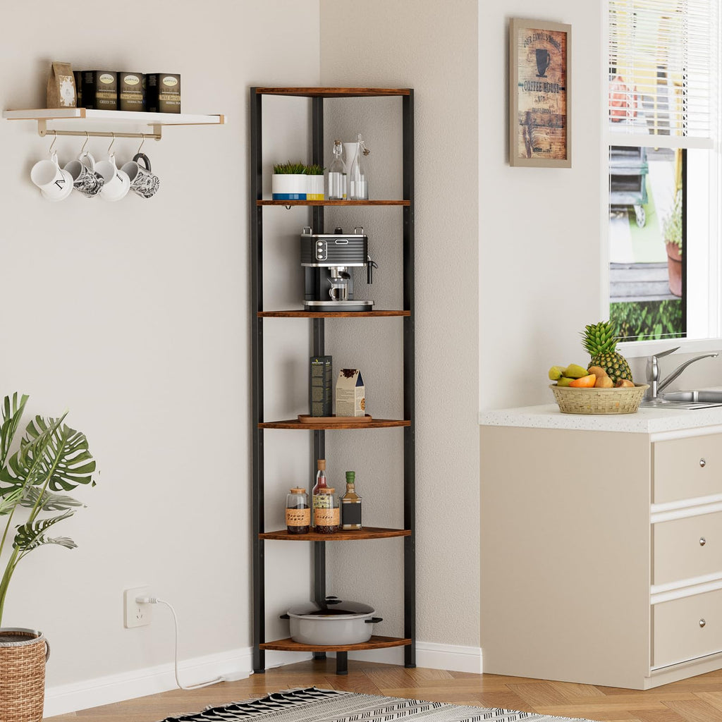 6 Tier Corner Shelf with LED Light, 67.5" Corner Narrow Bookshelf