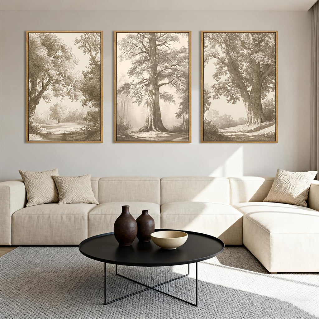 Vintage Tree Canvas Wall Art Framed Rustic Tree Landscape Sketch Antique Painting Neutral Forest Wall Decor 16x24
