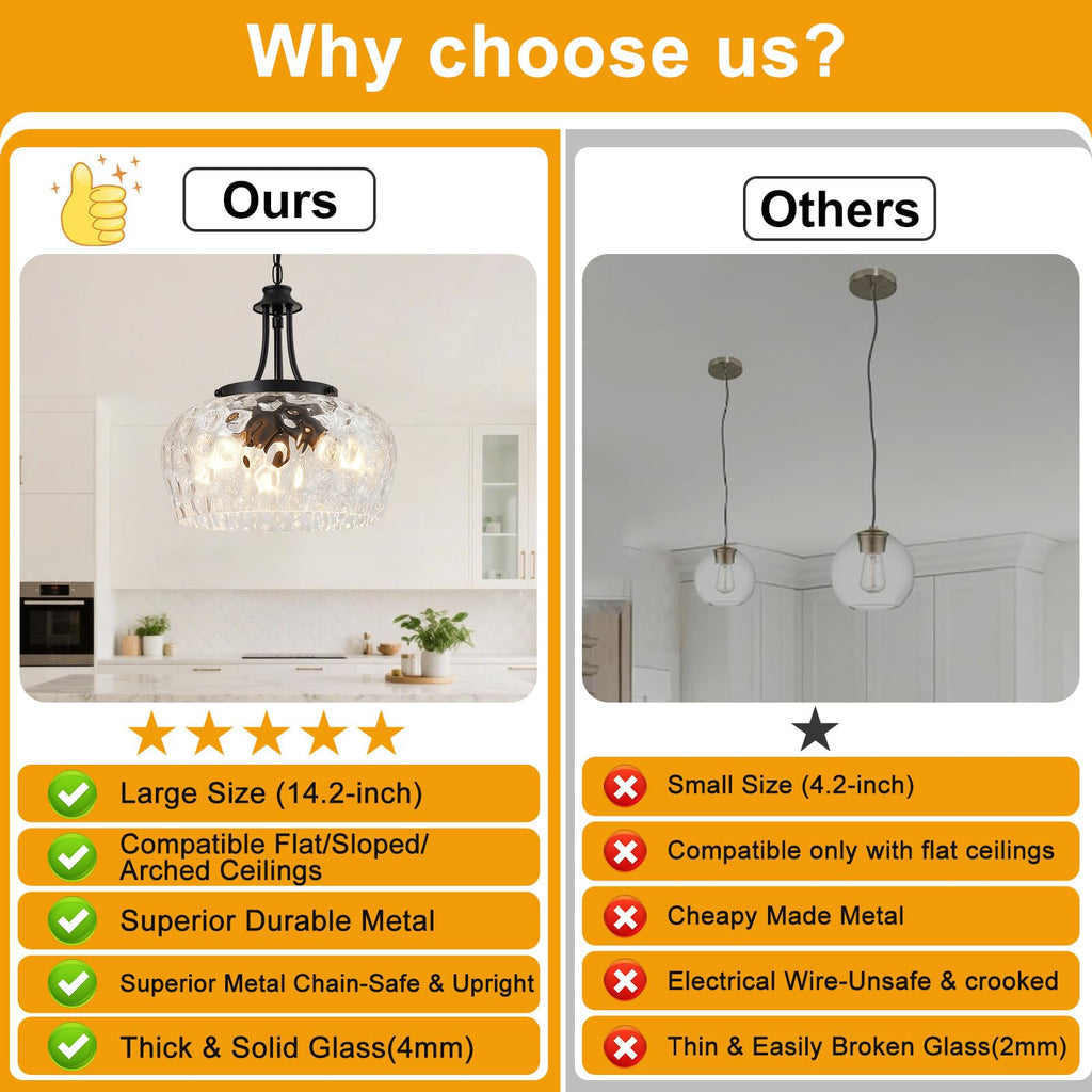 Pendant Lights Kitchen Island, 3-Light Black Pendant Light Fixtures with 14.2" Clear Hammered Glass Shade, Industrial