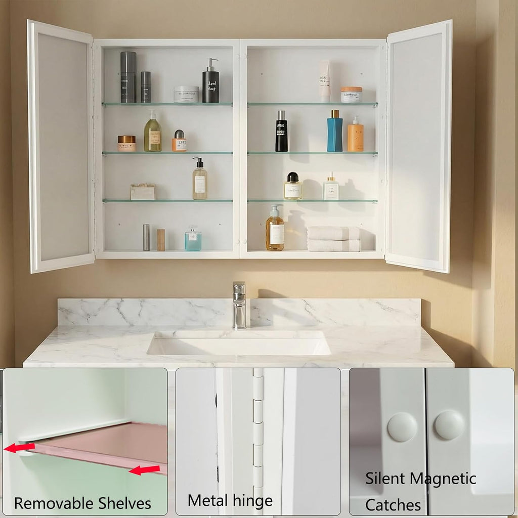 26 x 32 Inch Bathroom Medicine Cabinet with Double Mirror Doors, Recessed or Surface Mount Wall Cabinet , Plastic