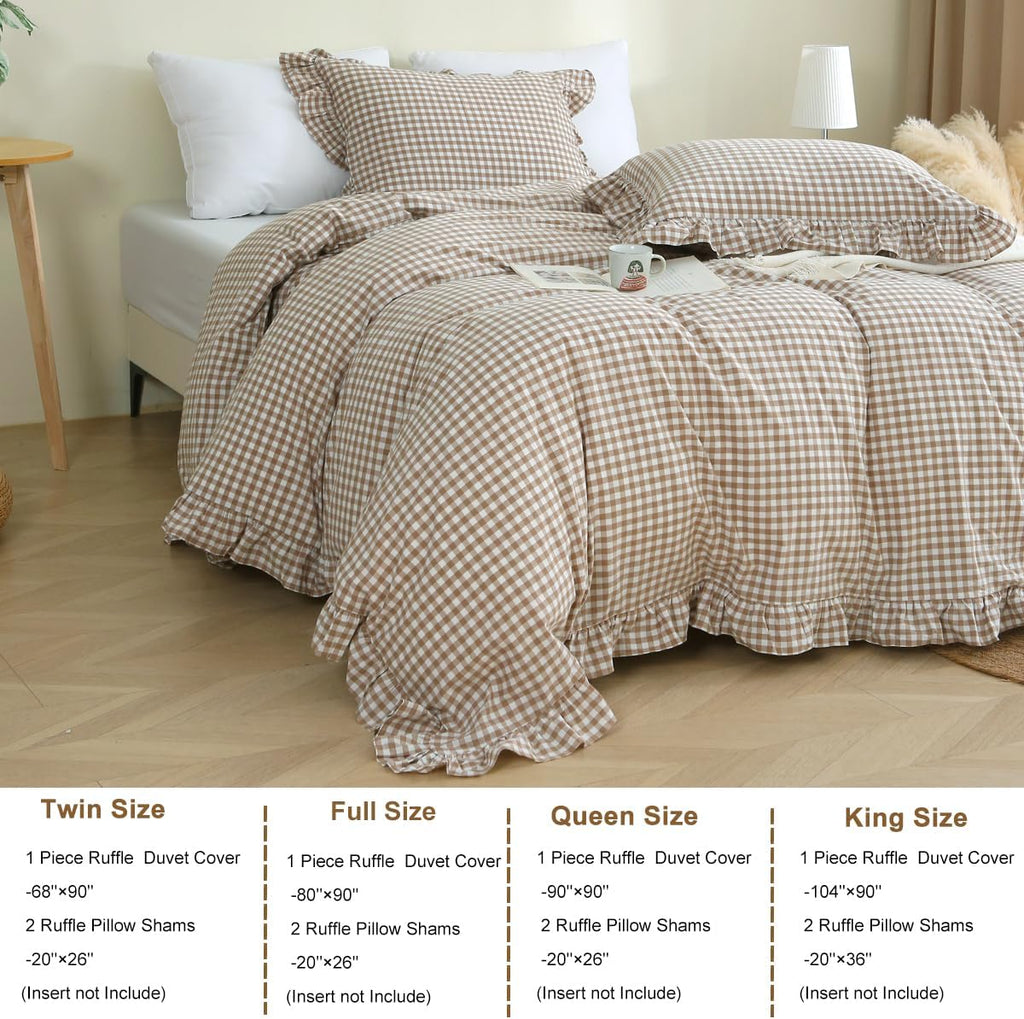 Taupe/White Plaid Ruffle Duvet Cover King,100% Washed Cotton 3 Pcs Vintage Checkered Chic Gingham Bedding Set
