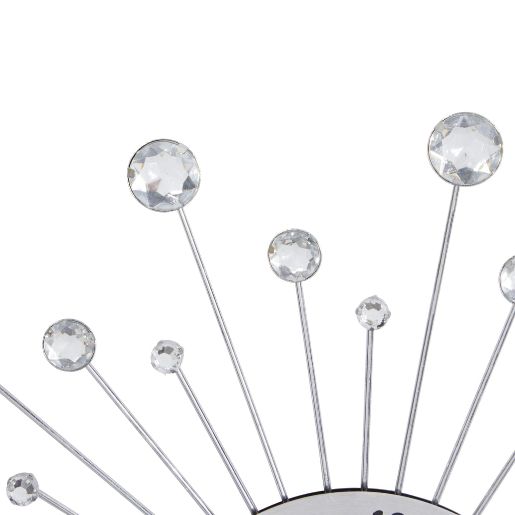 Metal Starburst Decorative Wall Clock With Crystal Accents and Room, 15" x 2" x 15", Silver