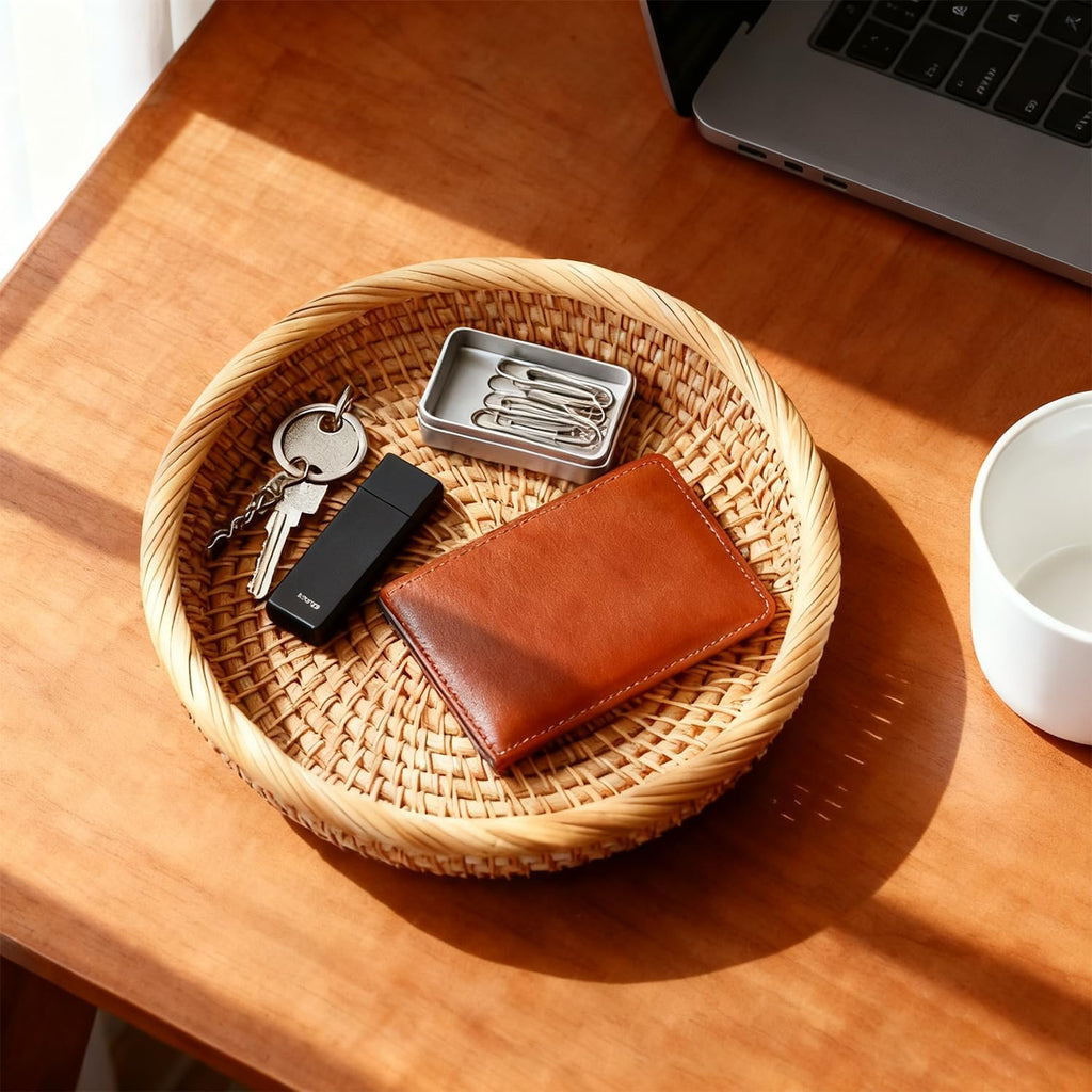 Handwoven Rattan Small Key Bowl - 7.6 Inch Round Catch All Tray for Keys,Coins, Wallet, Jewelry - Natural Wicker