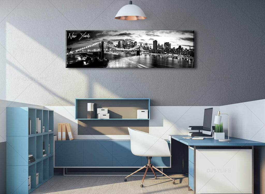 York Skyline Canvas Wall, B&W Brooklyn Bridge Print 13.8×47.3