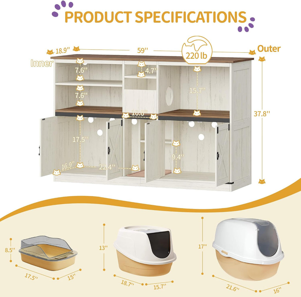 Double cat Litter Box Enclosure, Cat Cabinet with Large Storage