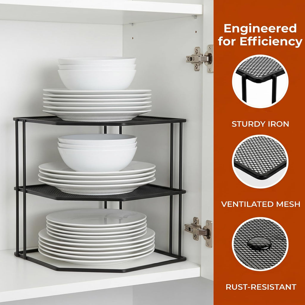 3-Tier Corner Shelf Cabinet Organizer, 9 x 9 x 7.5 Inches Metal Plate Rack Dish Organizer Counter, Cupboard, Pantry