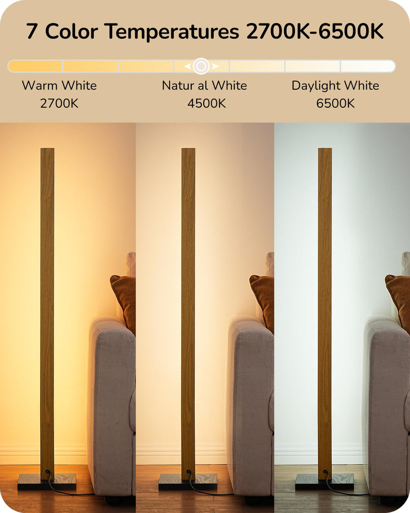 48.43" Wooden LED Corner Floor Lamp with Remote, Dimmable & 7CCT