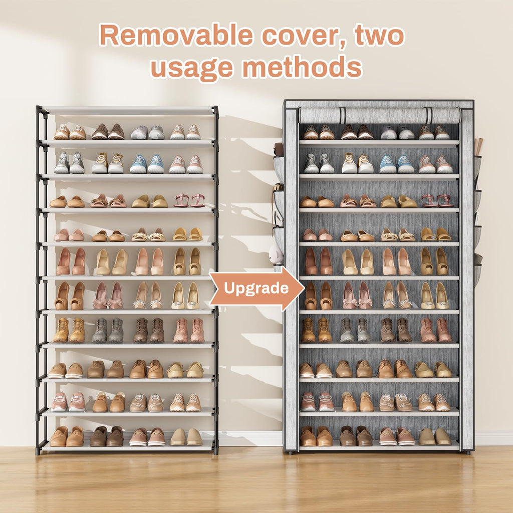 Tall Shoe Rack with Cover, 10 Tier Shoe Organizer Storage for 50-55 Pairs Shoes and Boots Large Capacity Shoe Shelf