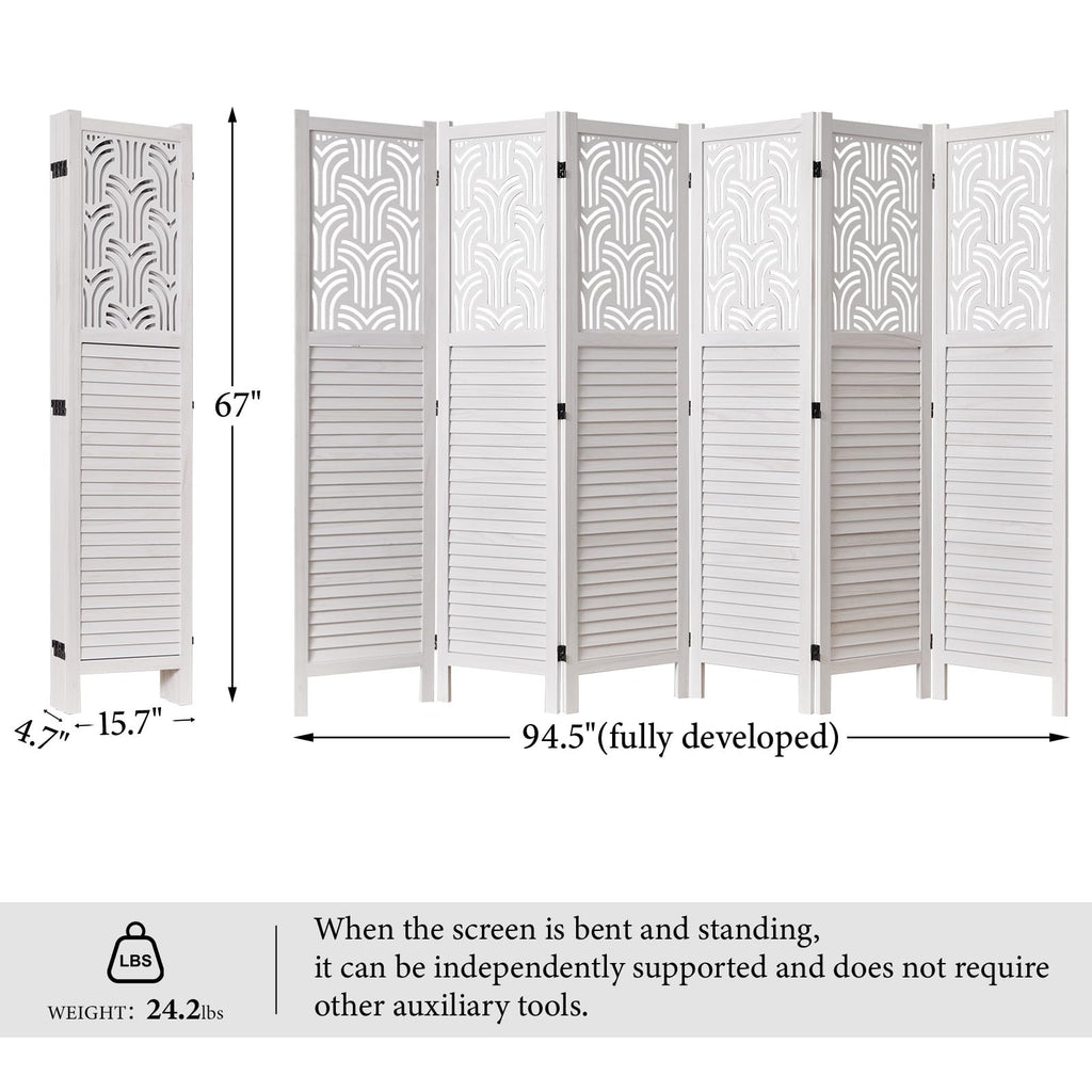 Folding Room Divider, 66.9 Inch 6 Panels Wood Carved Privacy Screens, Free Assembled Freestanding Portable Separation