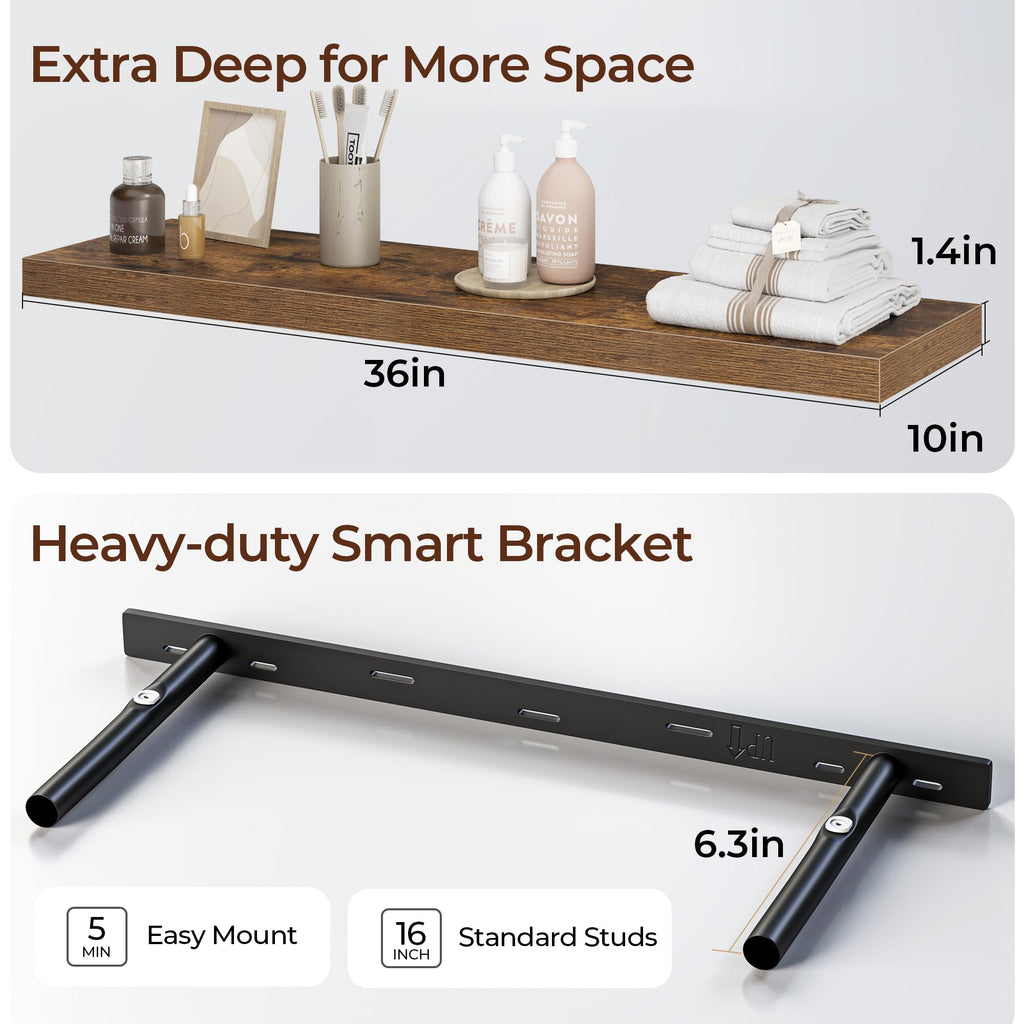 Floating Shelves for Wall 36 Inch Set of 3, Farmhouse Floating Shelves with Invisible Heavy Duty Bracket, 10 Inch