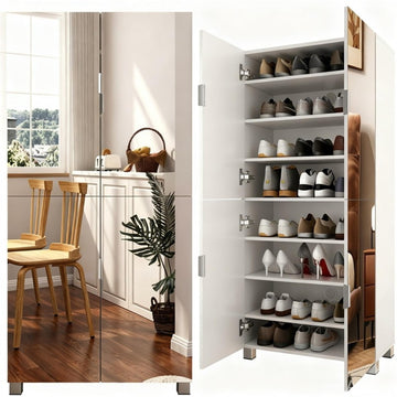 Mirror Shoe Cabinet with 4 Mirrored-Door Shoe Storage Cabinet