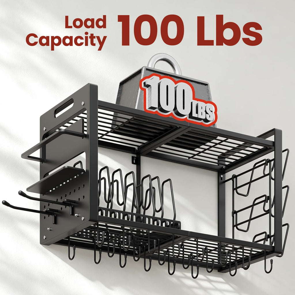 32 Inch Pot Rack Wall Mount,4 in 1 Hanging Heavy Duty Metal Pan Shelf Organizer with 20 Hooks 3 Pot Lid Holder and 8