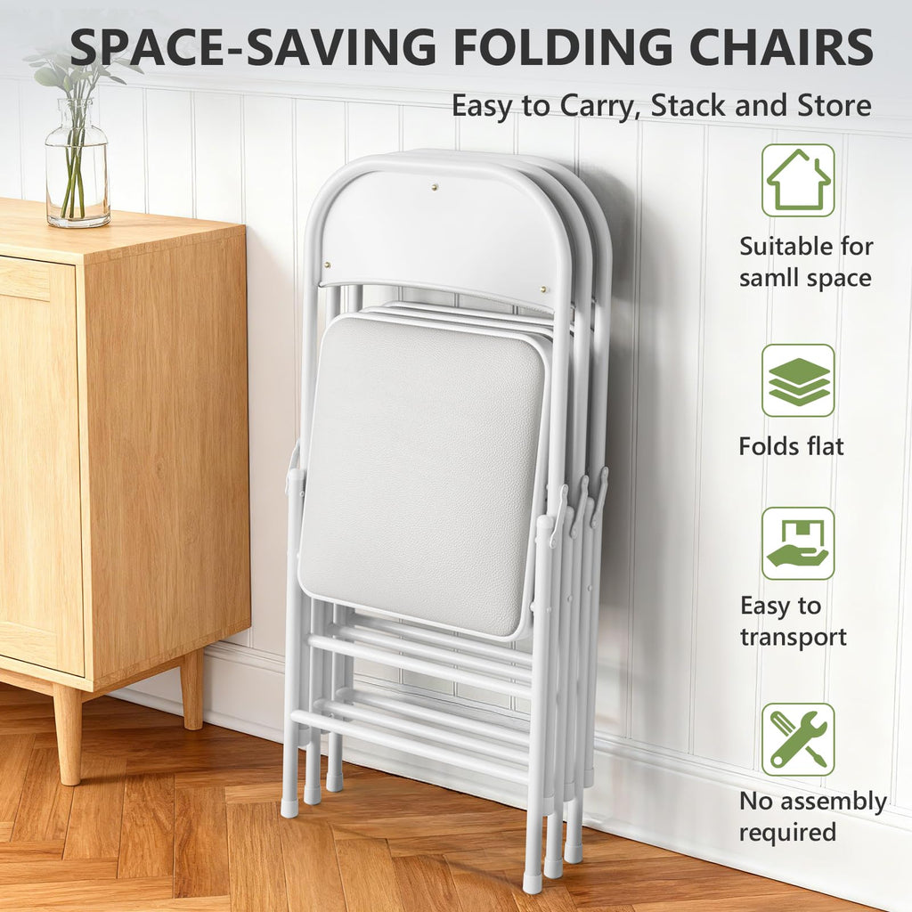 Padded Folding Chairs 4 Pack, PU Leather Folding Chairs for Outside and Indoor, Heavy Duty Portable Foldable Metal