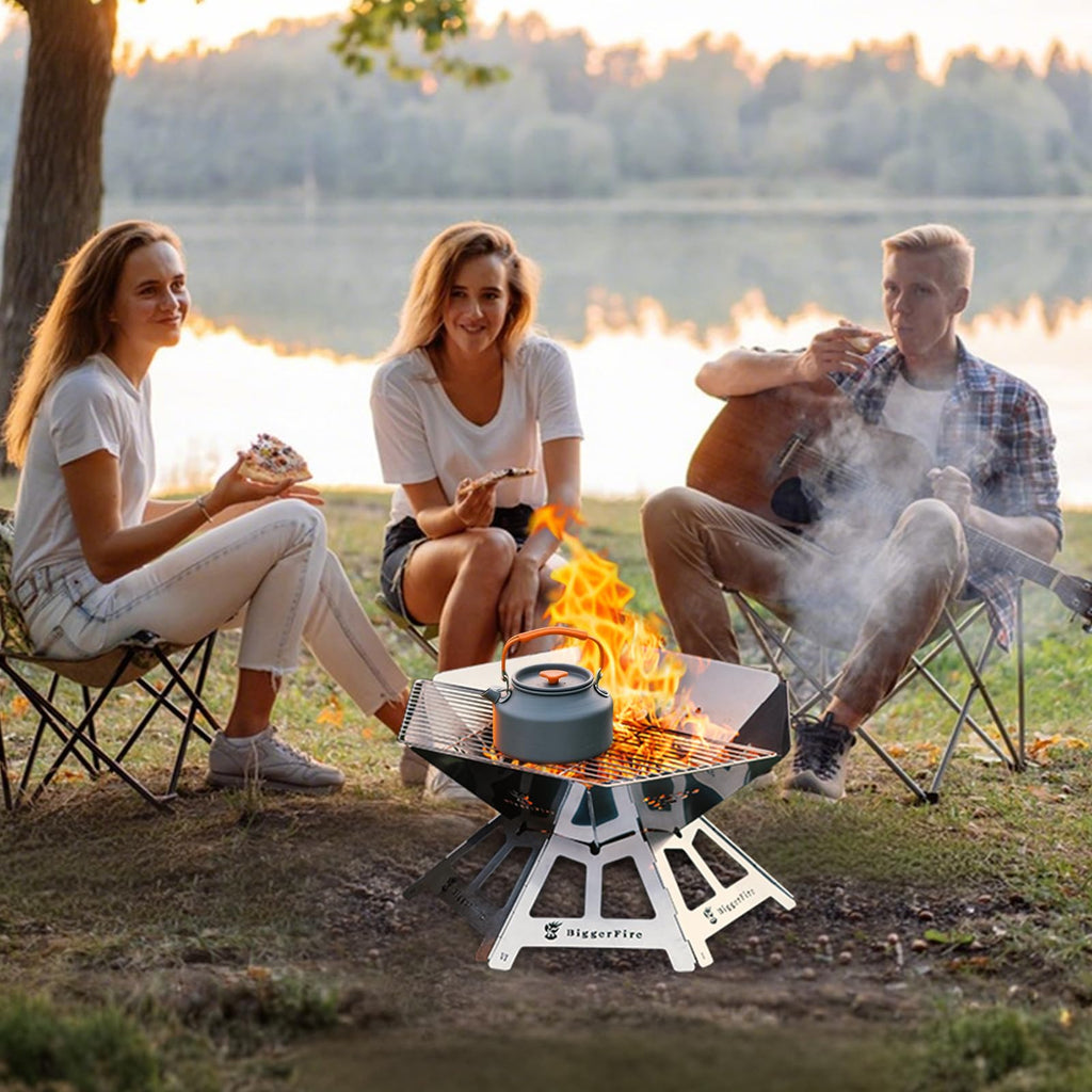Foldable Portable Fire Pit, Stainless Steel Fire Pits with Charcoal Grill Net and Storage Bag, Camping Fire Pit Grill