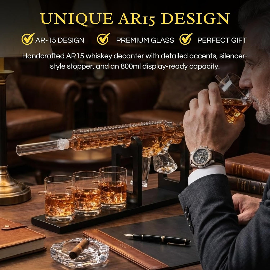 AR15 Gun Decanter Birthday Gifts for Men Dad, Whiskey Set - Rifle Limited Edition, Silencer Stopper - 800 ml & 12oz