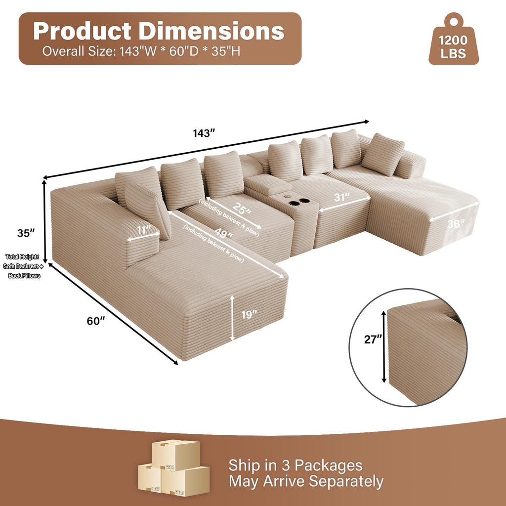 143" Oversized Cloud Sectional Couch, Beige