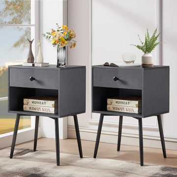 Nightstands Set of 2, Mid Century Modern End Bedside Table, Night Stand with Storage Drawer and 2 Tiers Open Shelf
