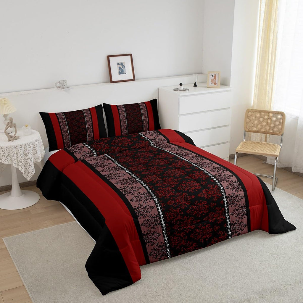 Adult Classic Jacquard Bedding Set Toddle Size Damask Pattern Comforter Set for Boys Girls Black Red Stripe Duvet Set
