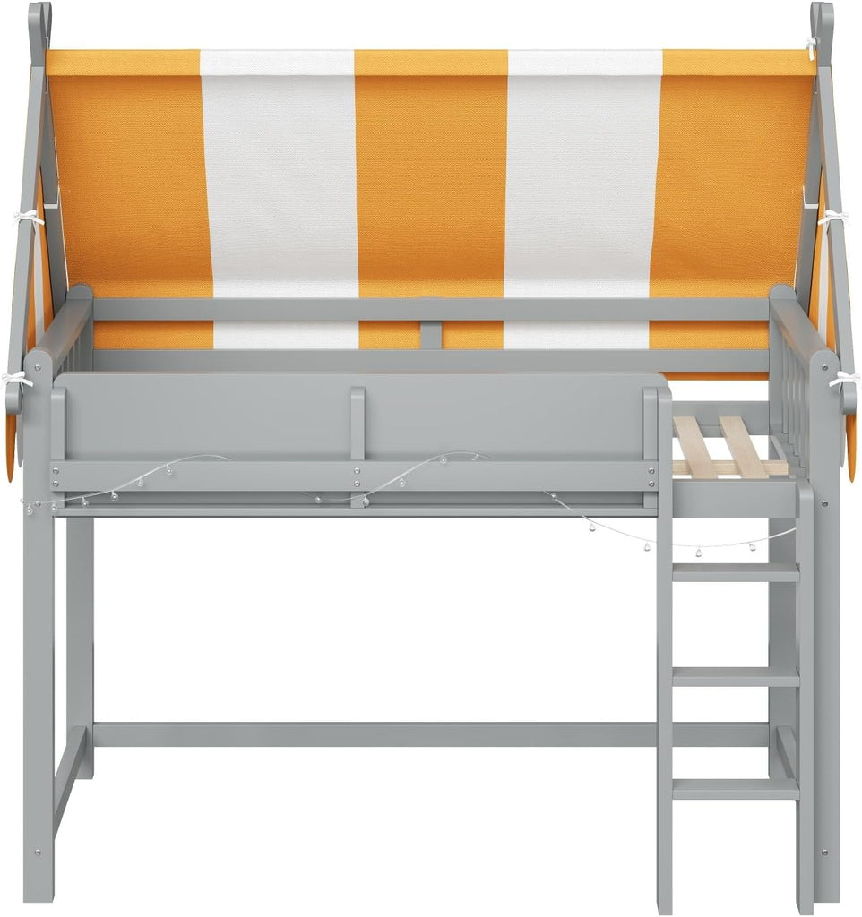 Full Size Wood House Bed Canopy Playhouse Loft Bed Frame with Storage Shelves House Loft Bed with LED Lights for Kids