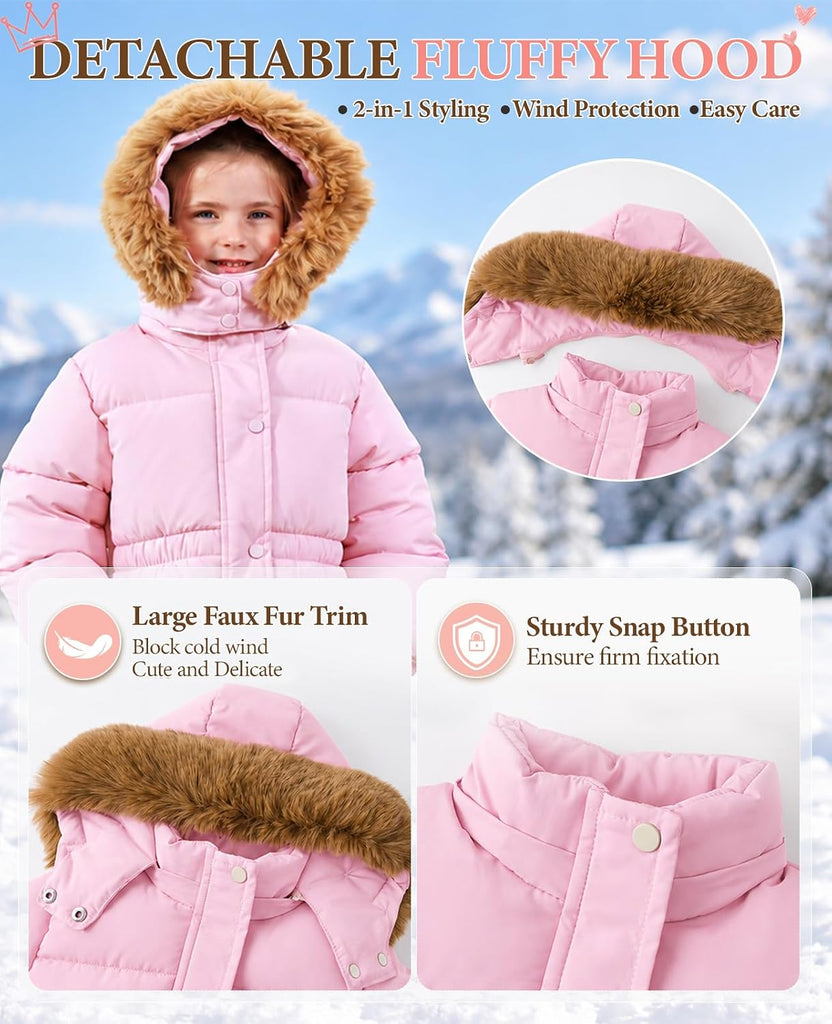 Toddler Girls Heavy Winter Coat, Long Waterproof Puffer Jacket Hooded