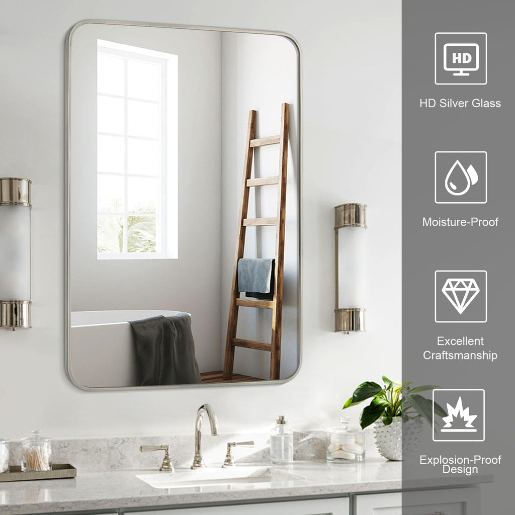 Bathroom Mirror Brushed Nickel, 30 x 42 Inch Metal Frame Rectangle Mirror Rounded Silver Modern Vanity Mirror