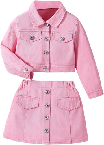 Girl's 2 Piece Outfits Button Front Long Sleeve Denim Jacket and A Line Skirt Set
