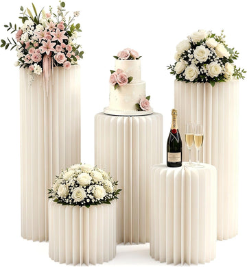 White Pedestal Stand Wedding Pillars Columns Cylinder Stands for Party - Set of 5