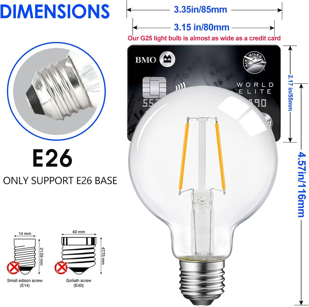 5W Dimmable G25 LED Globe Light Bulb, G25 LED Vintage Light Bulb, 60W Equivalent, 500Lumens, 2700K Soft White, E26