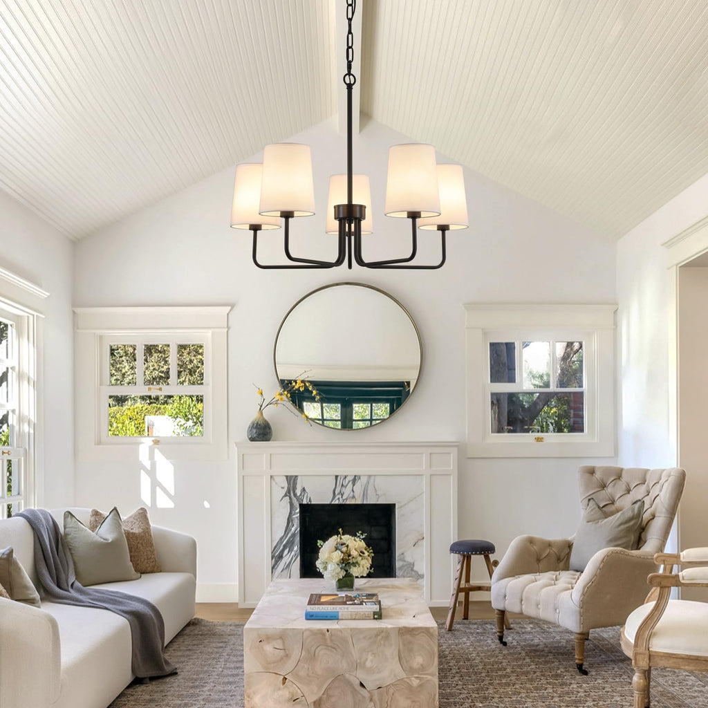 Farmhouse Chandelier, Matte Black with White Fabric Shade, Farmhouse Linear Island Lighting Fixture (5-Light Matte