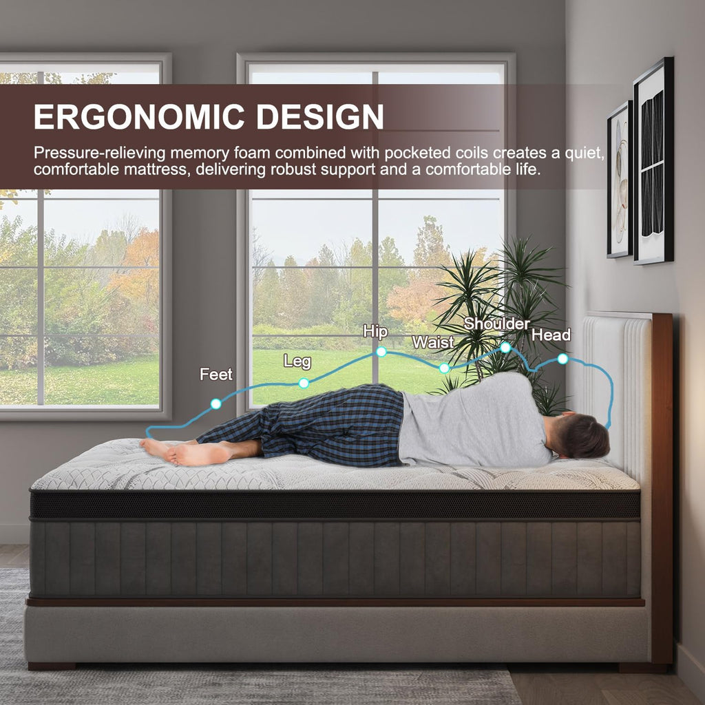 King Size Mattress,14 Inch - Medium Firm Hybrid Mattress with Memory Foam & Pocket Springs,Extra Back & Lumbar